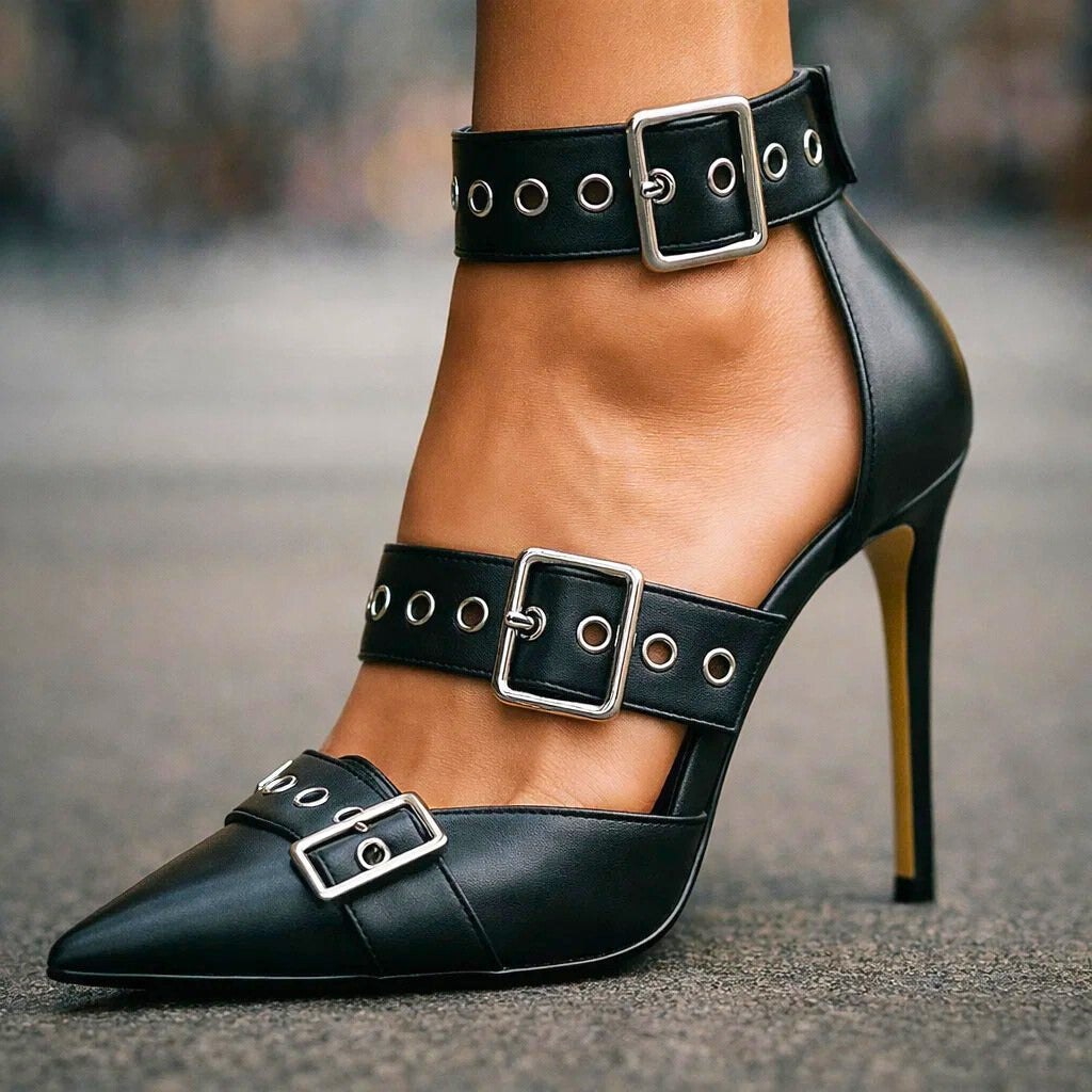 Escarpins à talons aiguilles à boucles cloutées style gothique pour femmes – Chaussures stiletto remarquables