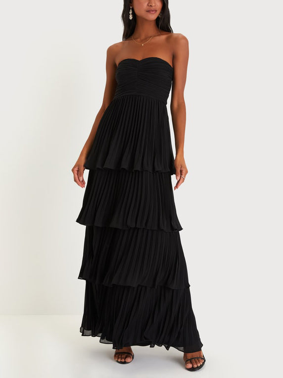 Damen Trägerloses Gerafftes Gestuftes Maxi Anlasskleid – Elegantes Abendkleid