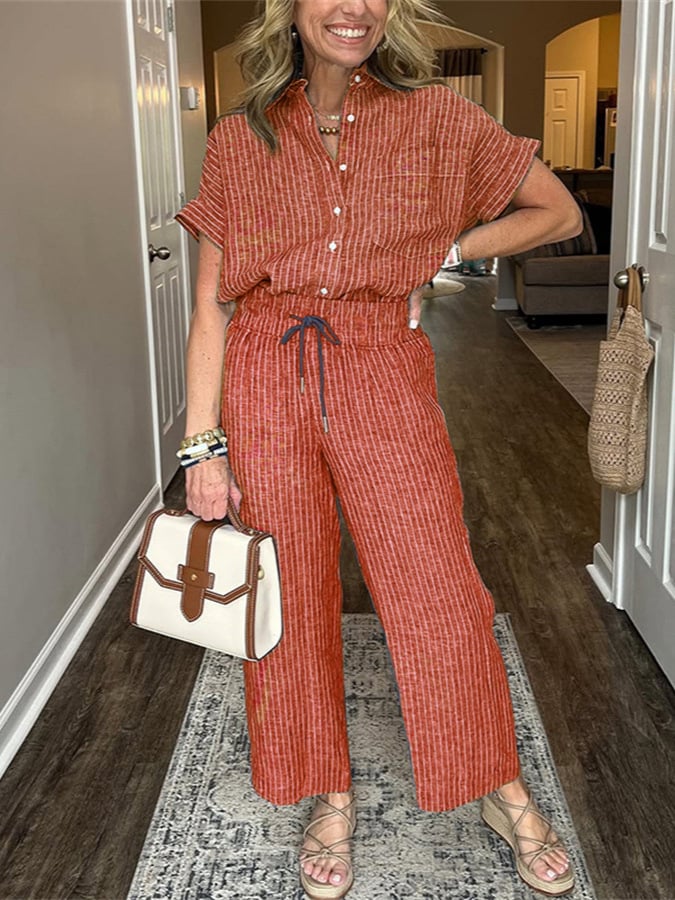Women's striped linen-cotton set with pockets