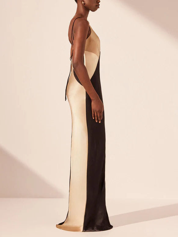 Damen Kontrast Satin V-Ausschnitt Doppelträger Maxikleid – Elegantes Abendkleid