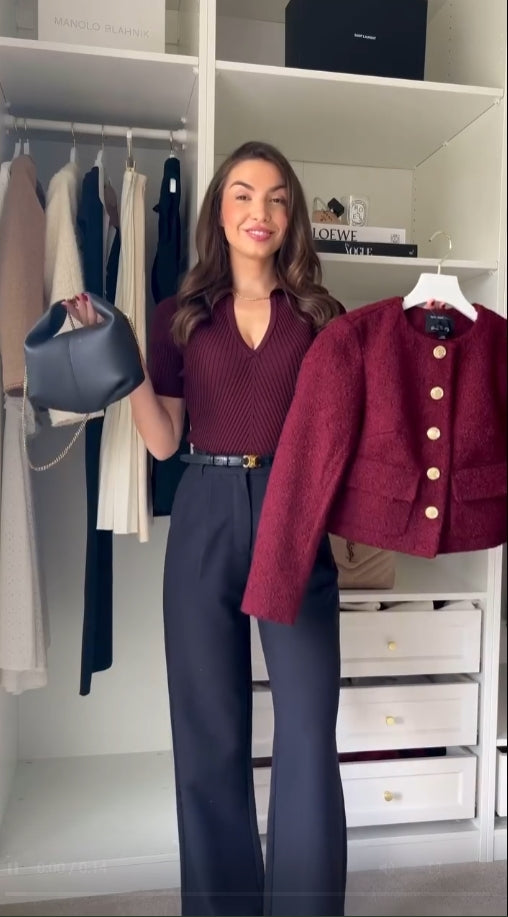 Women's Bordeaux Tweed Three-Piece Set – Elegant Jacket Outfit