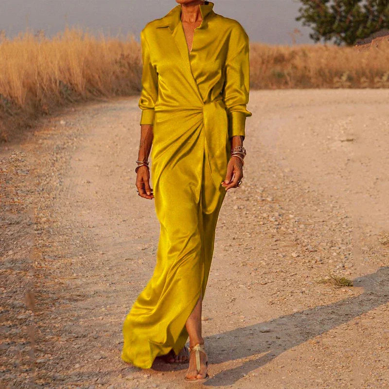 Robe maxi femme en chiffon avec effet drapé et manches longues
