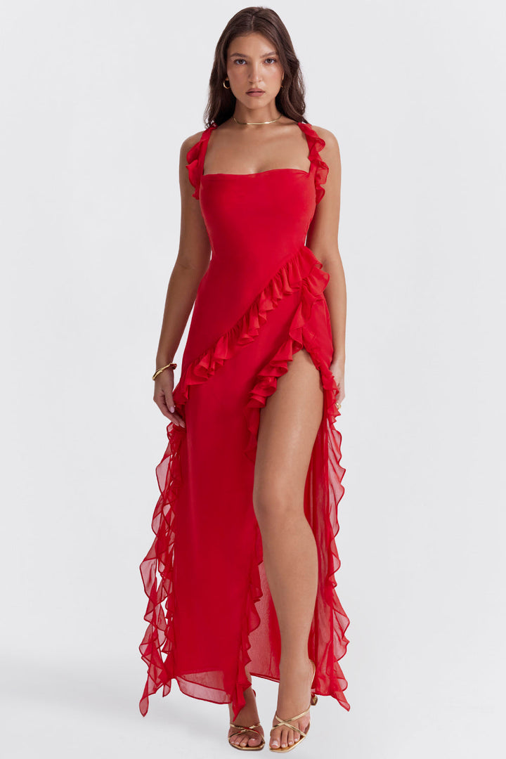 Elegantes One-Shoulder-Abendkleid mit Rüschen und hohem Schlitz