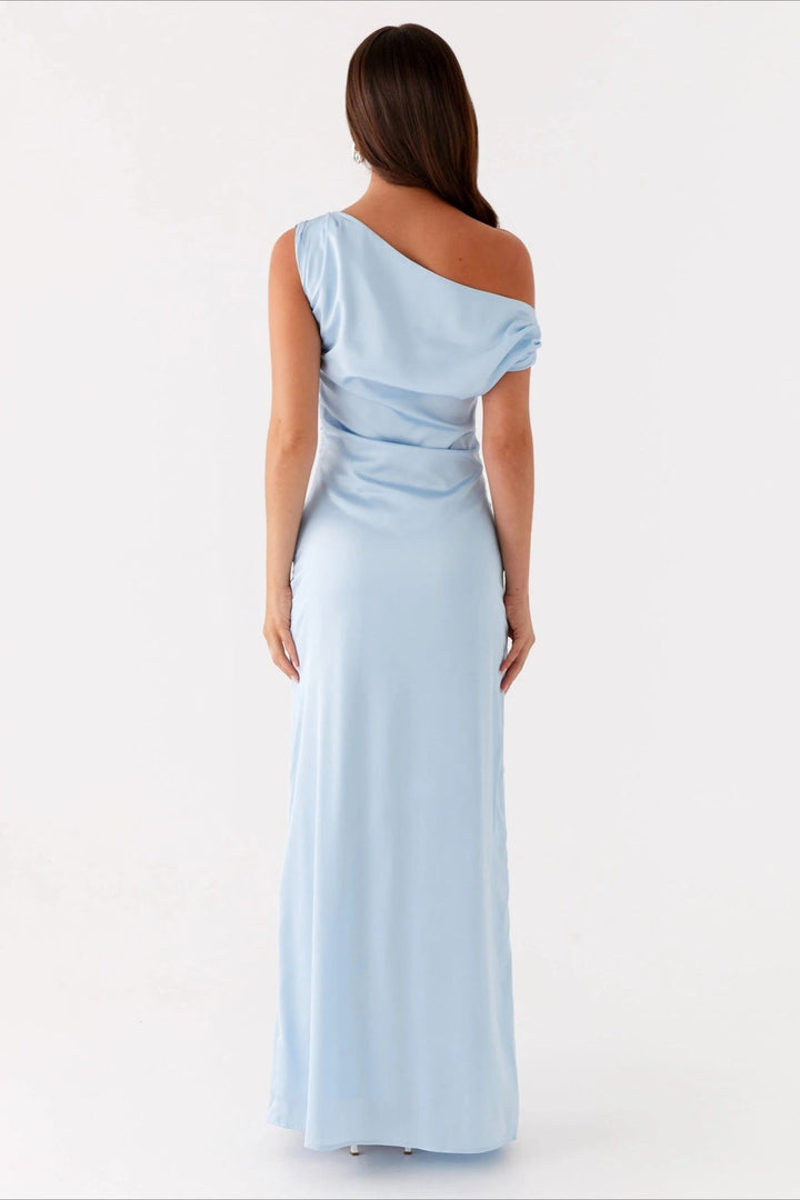 Women's Solid Color Maxi Dress with Asymmetric Neckline – Evening Dress