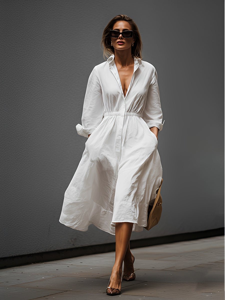 Weißes Leinen-Midikleid mit Hemdkragen und Stretchtaille