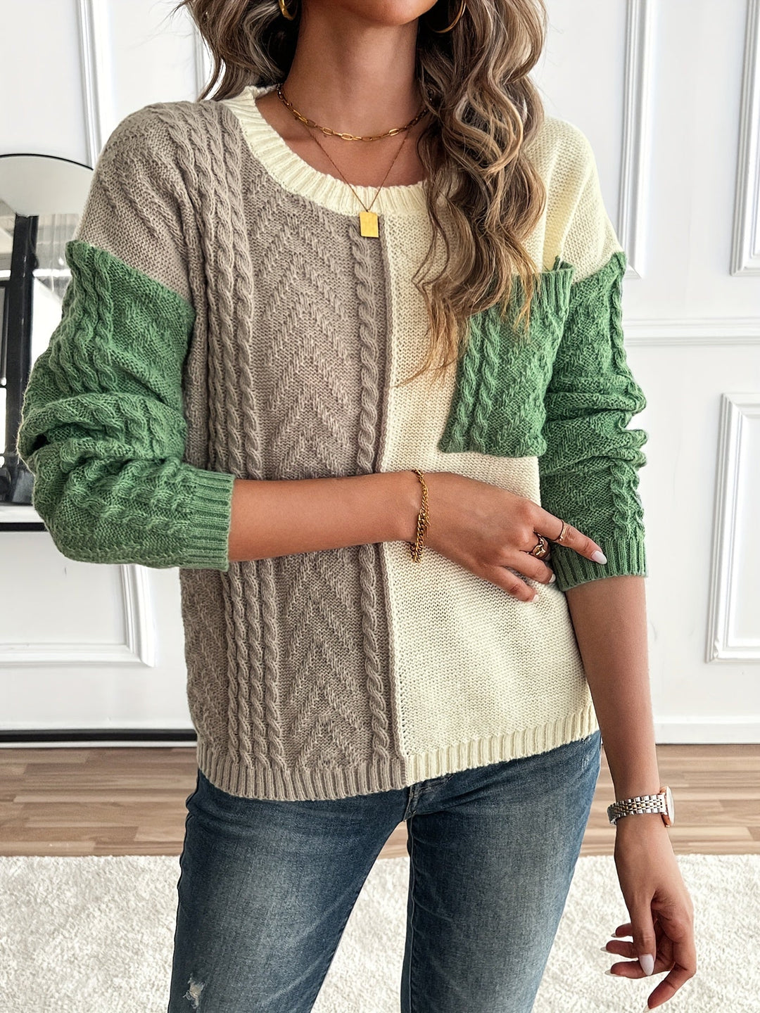 Esme | Damen Pullover Zopfstrick Color-Block
