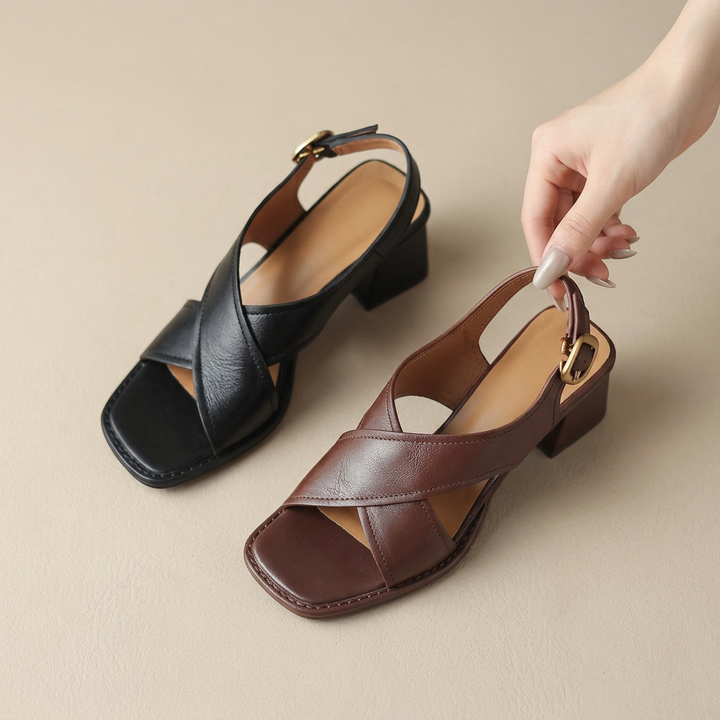 Women's Open Block Heel Leather Sandals