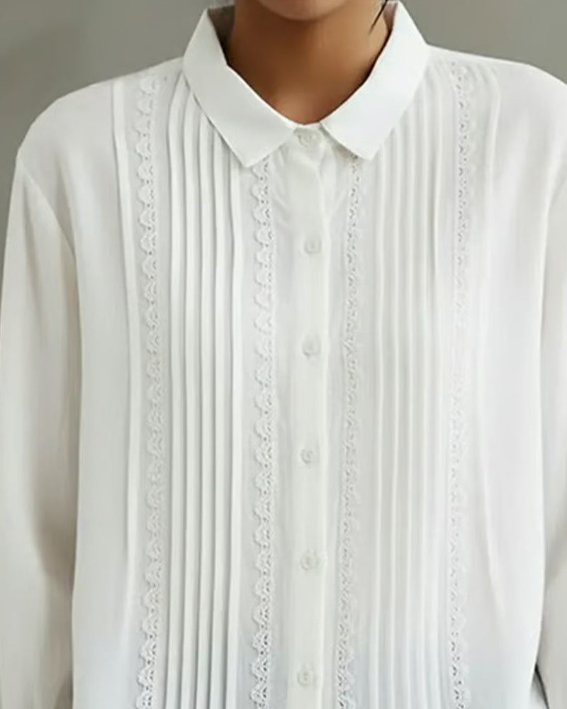 Damen Weiß Pintuck Spitzenbesatz Langarmhemd – Elegantes Feminines Oberteil