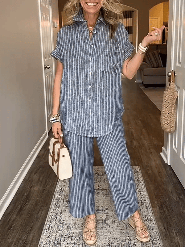 Women's striped linen-cotton set with pockets