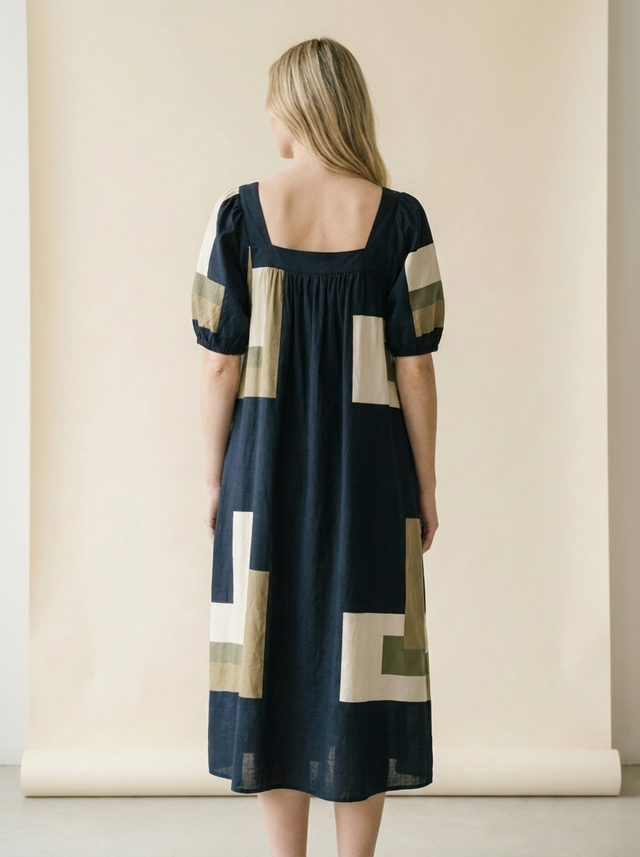 Geometrisches Mehrfarben-Print Kleid mit eckigem Ausschnitt für Damen – Elegantes Sommer-Outfit - back-hero
