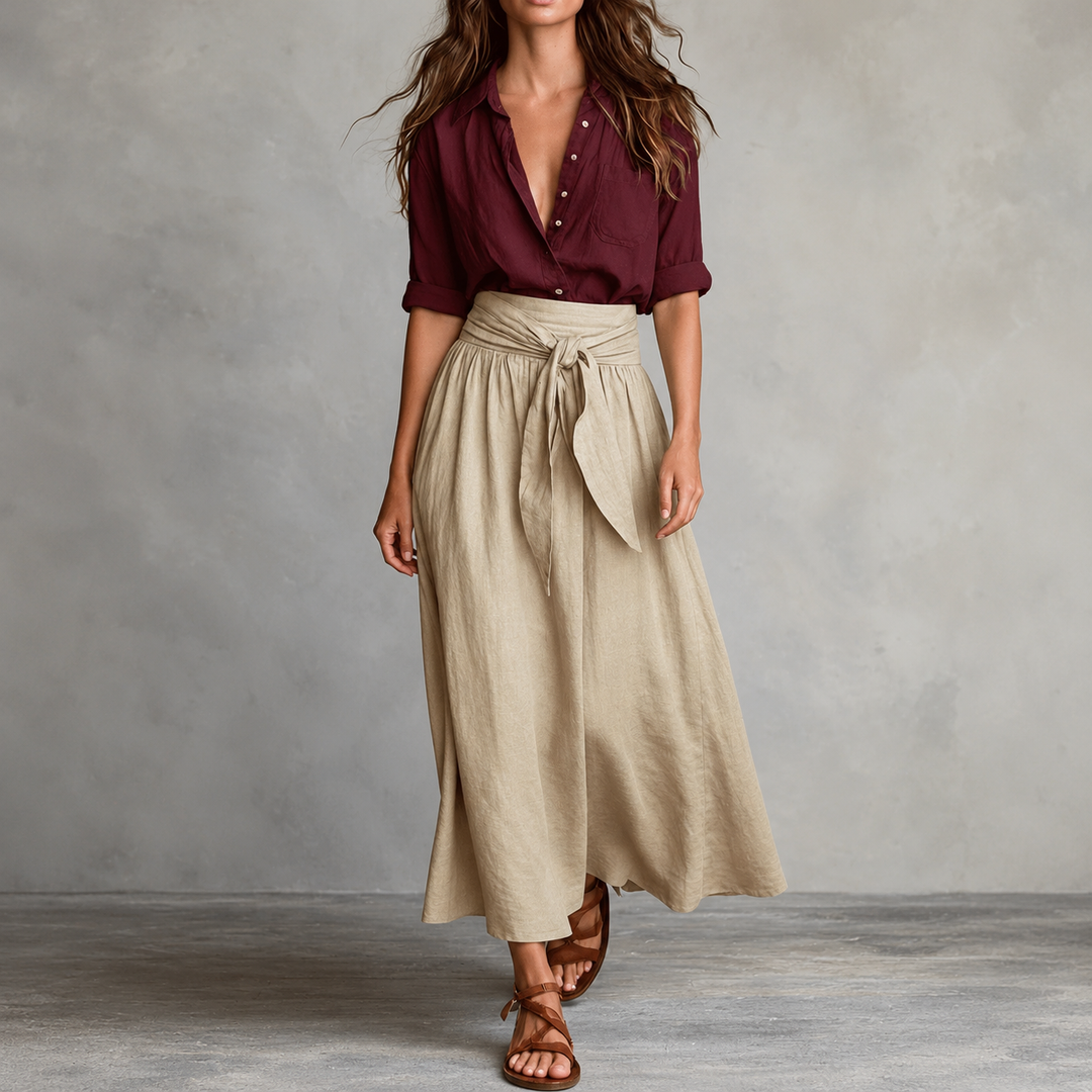 Olive Onyx | Damen Zweiteiler Knopfhemd und Midirock mit Bindegürtel