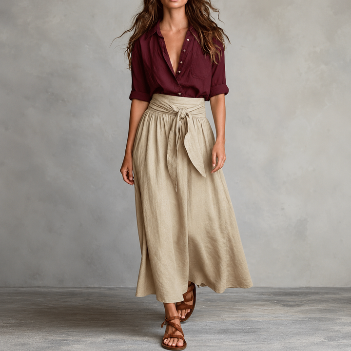 Olive Onyx | Damen Zweiteiler Knopfhemd und Midirock mit Bindegürtel