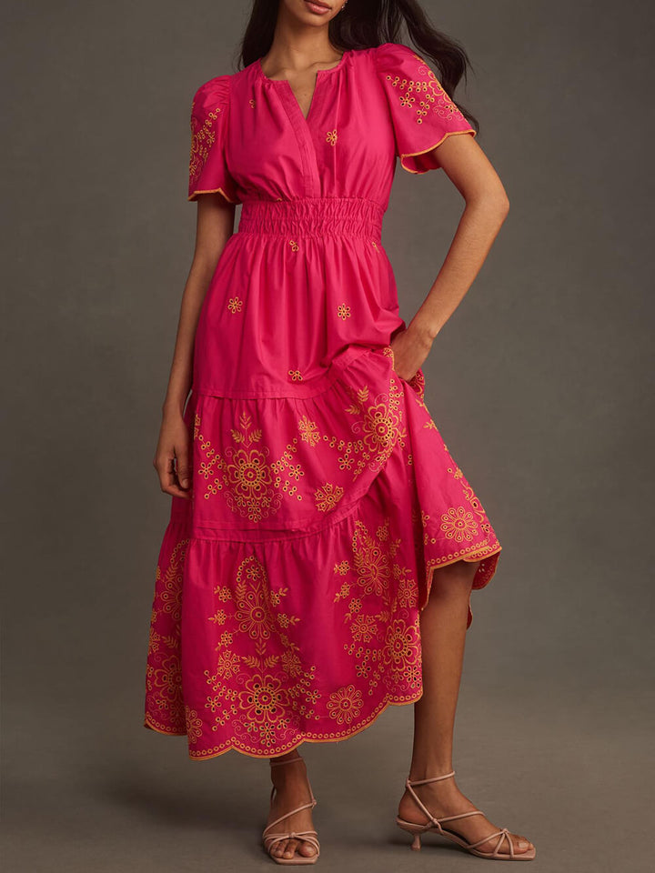 Vestido largo fluido estampado para mujer con cintura fruncida – Vestido de verano elegante