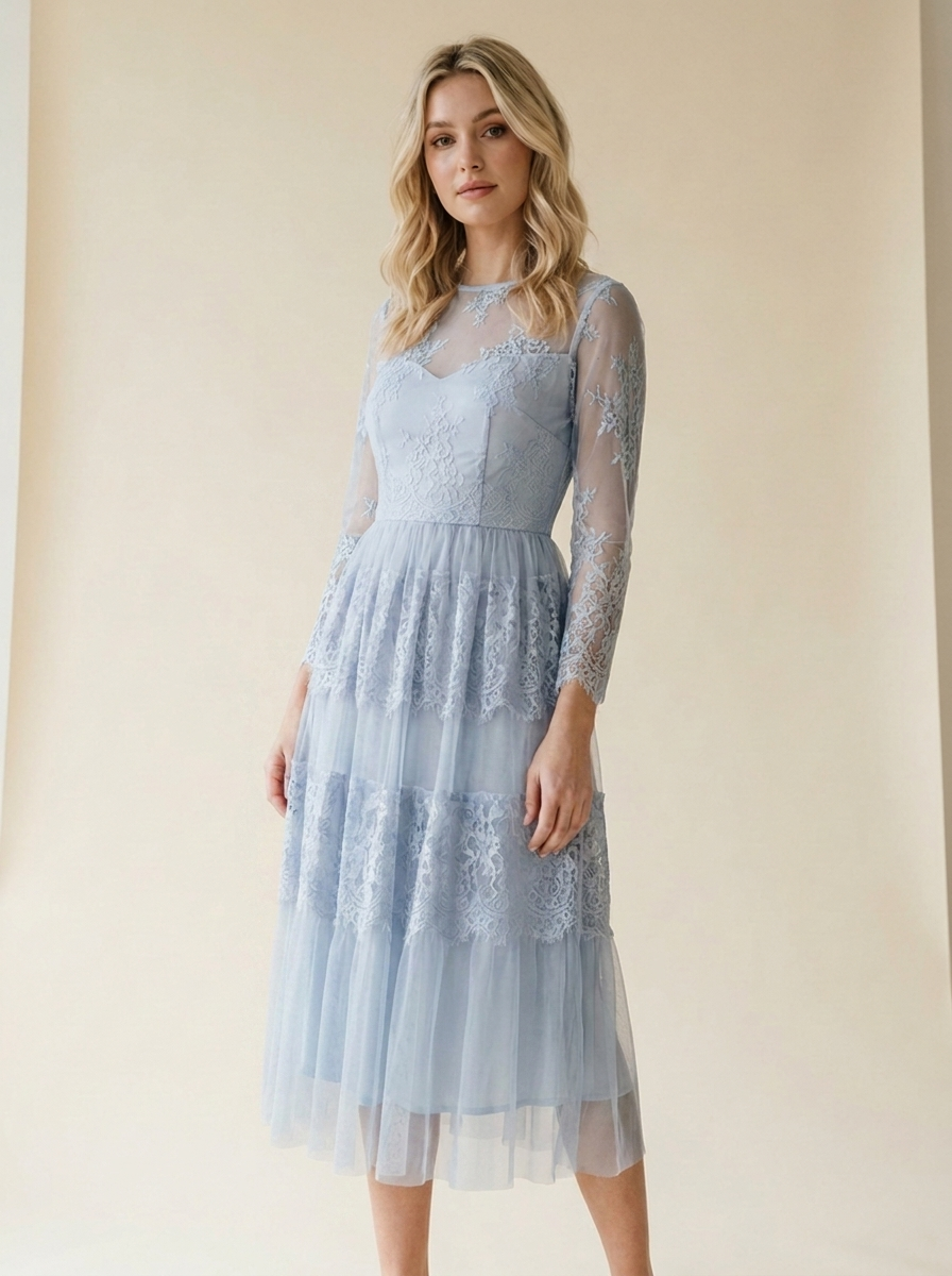 Mehrlagiges Spitzenkleid für Damen – Romantischer Vintage-Sommer-Look - body-blau