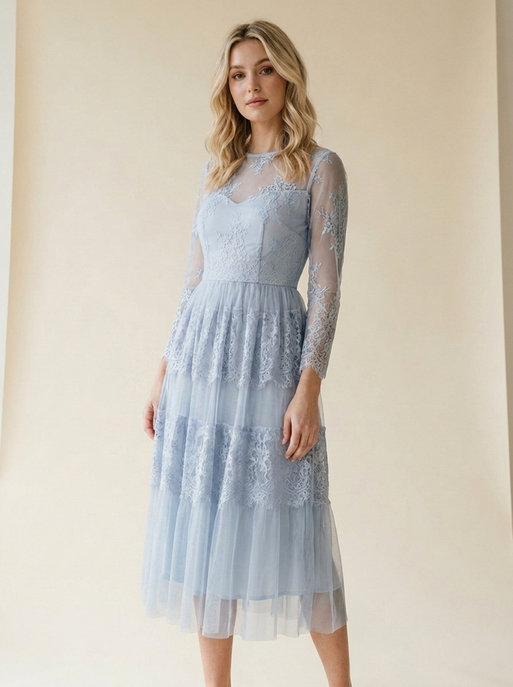 Mehrlagiges Spitzenkleid für Damen – Romantischer Vintage-Sommer-Look - body-blau