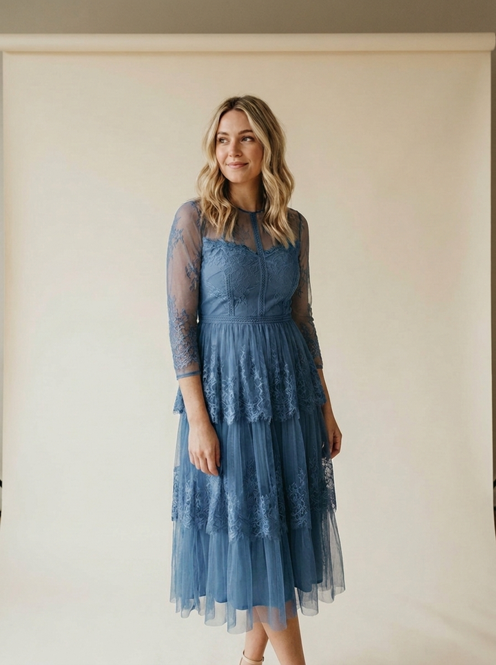 Mehrlagiges Spitzenkleid für Damen – Romantischer Vintage-Sommer-Look - body-blau