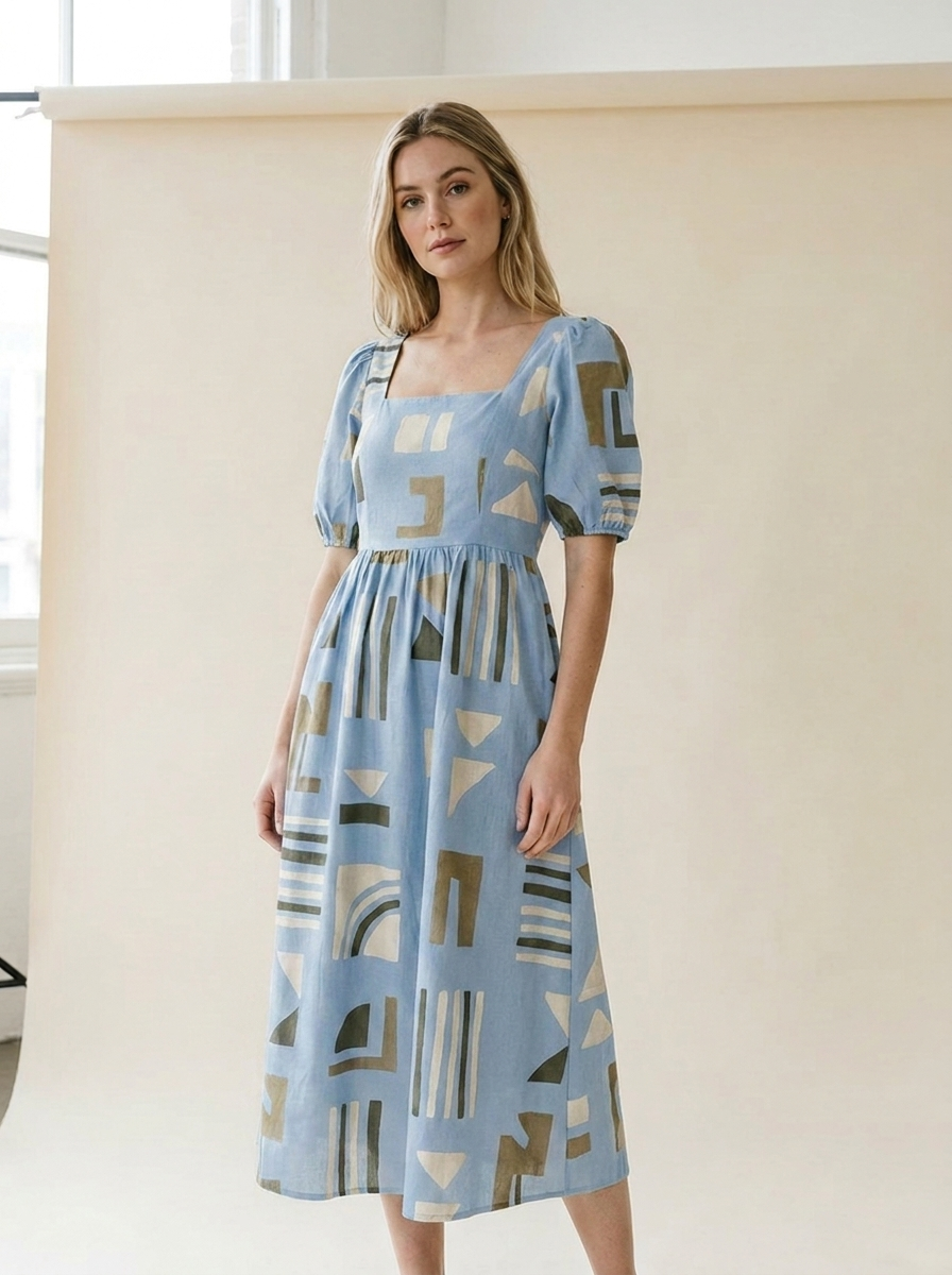 Geometrisches Mehrfarben-Print Kleid mit eckigem Ausschnitt für Damen – Elegantes Sommer-Outfit - body-hellblau