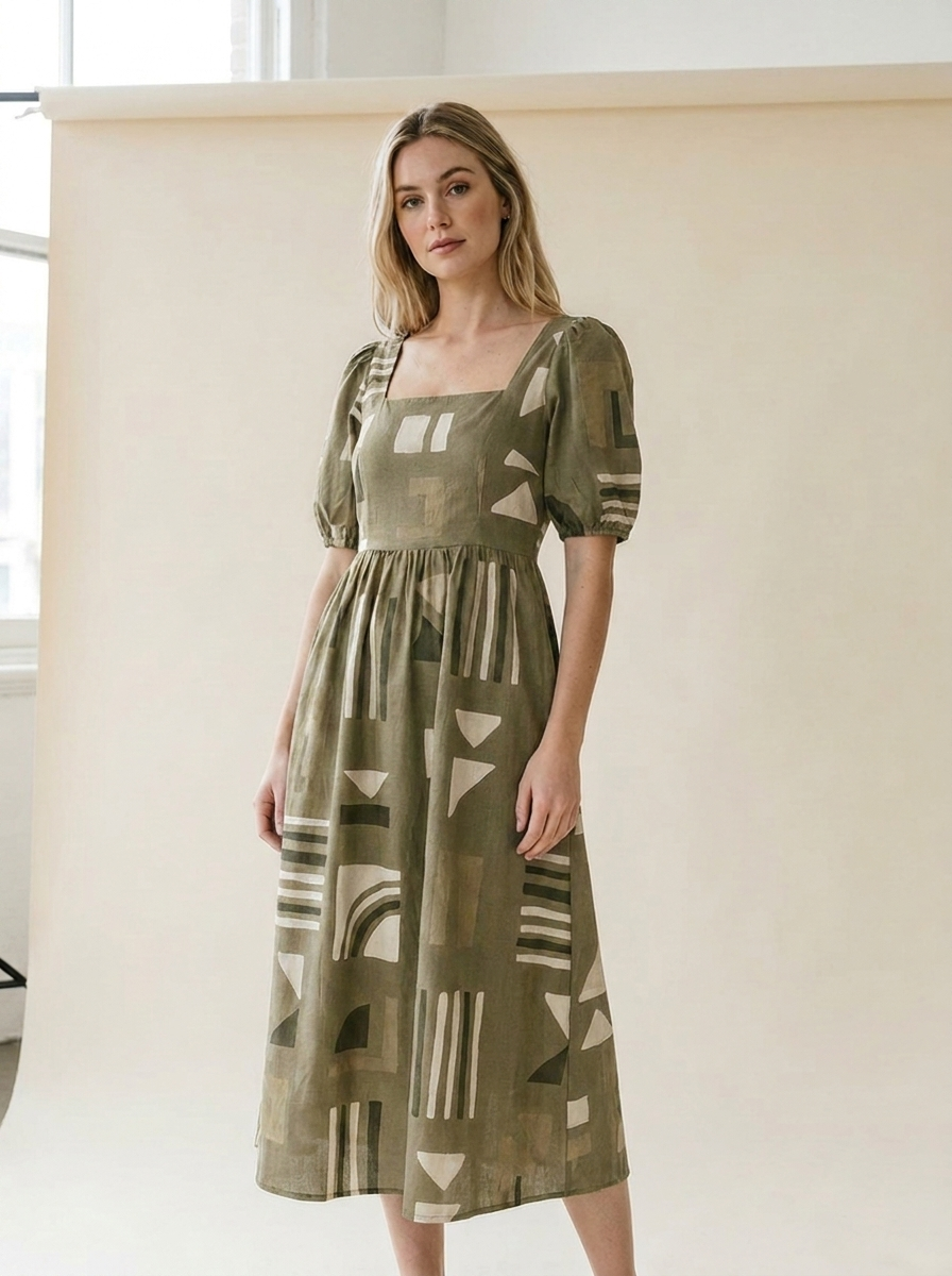 Geometrisches Mehrfarben-Print Kleid mit eckigem Ausschnitt für Damen – Elegantes Sommer-Outfit - body-khaki