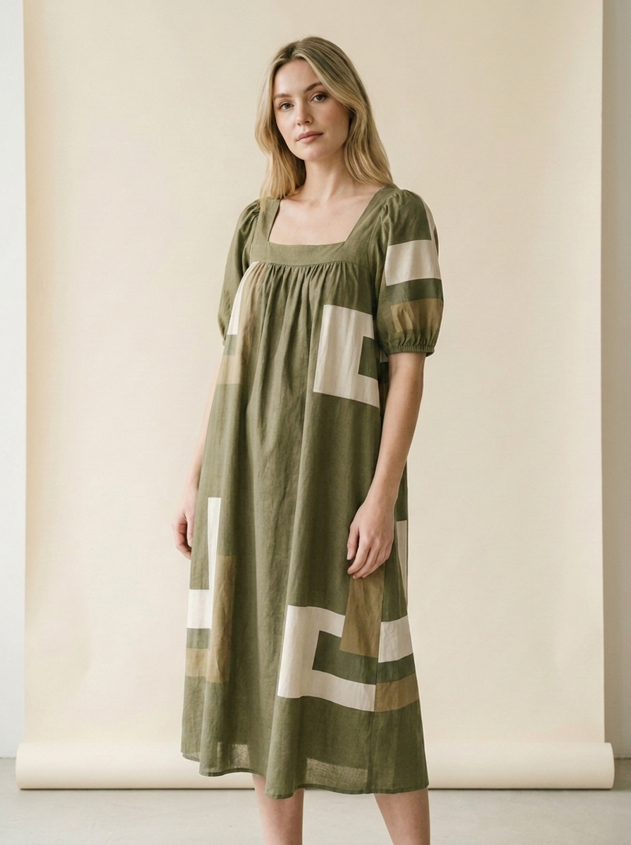 Geometrisches Mehrfarben-Print Kleid mit eckigem Ausschnitt für Damen – Elegantes Sommer-Outfit - body-khaki