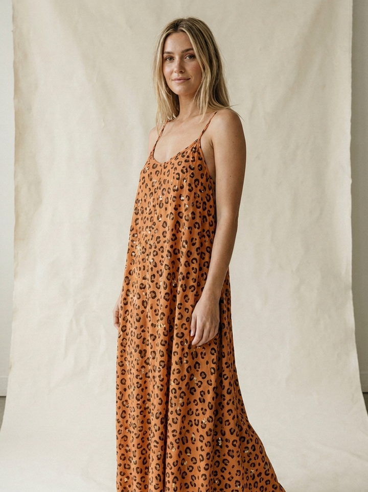 Leoparden-Maxikleid mit Pailletten für Damen – Glamouröser Sommer-Look - body-orange