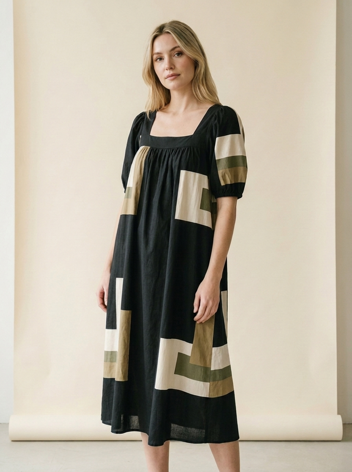 Geometrisches Mehrfarben-Print Kleid mit eckigem Ausschnitt für Damen – Elegantes Sommer-Outfit - body-schwarz