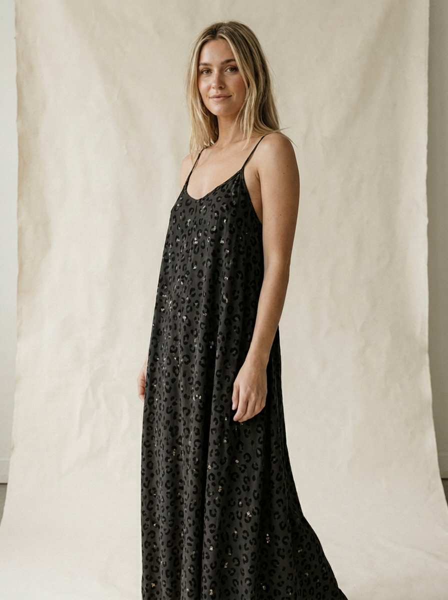 Leoparden-Maxikleid mit Pailletten für Damen – Glamouröser Sommer-Look - body-schwarz