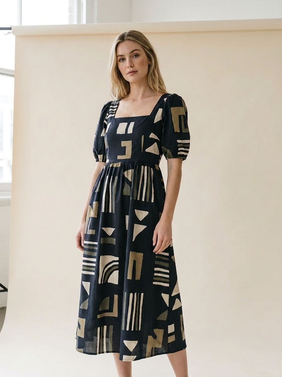 Geometrisches Mehrfarben-Print Kleid mit eckigem Ausschnitt für Damen – Elegantes Sommer-Outfit - body-schwarz