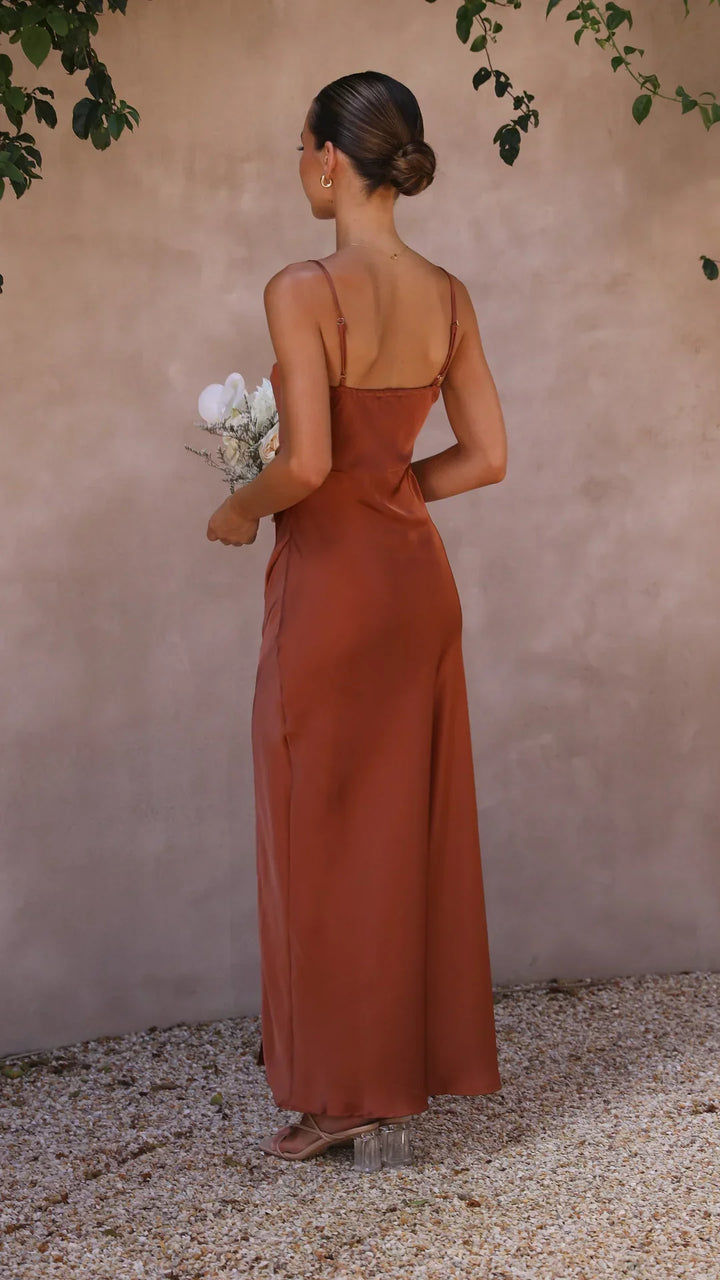 Women's satin dress – sleeveless with cowl neckline & slit – elegant evening dress