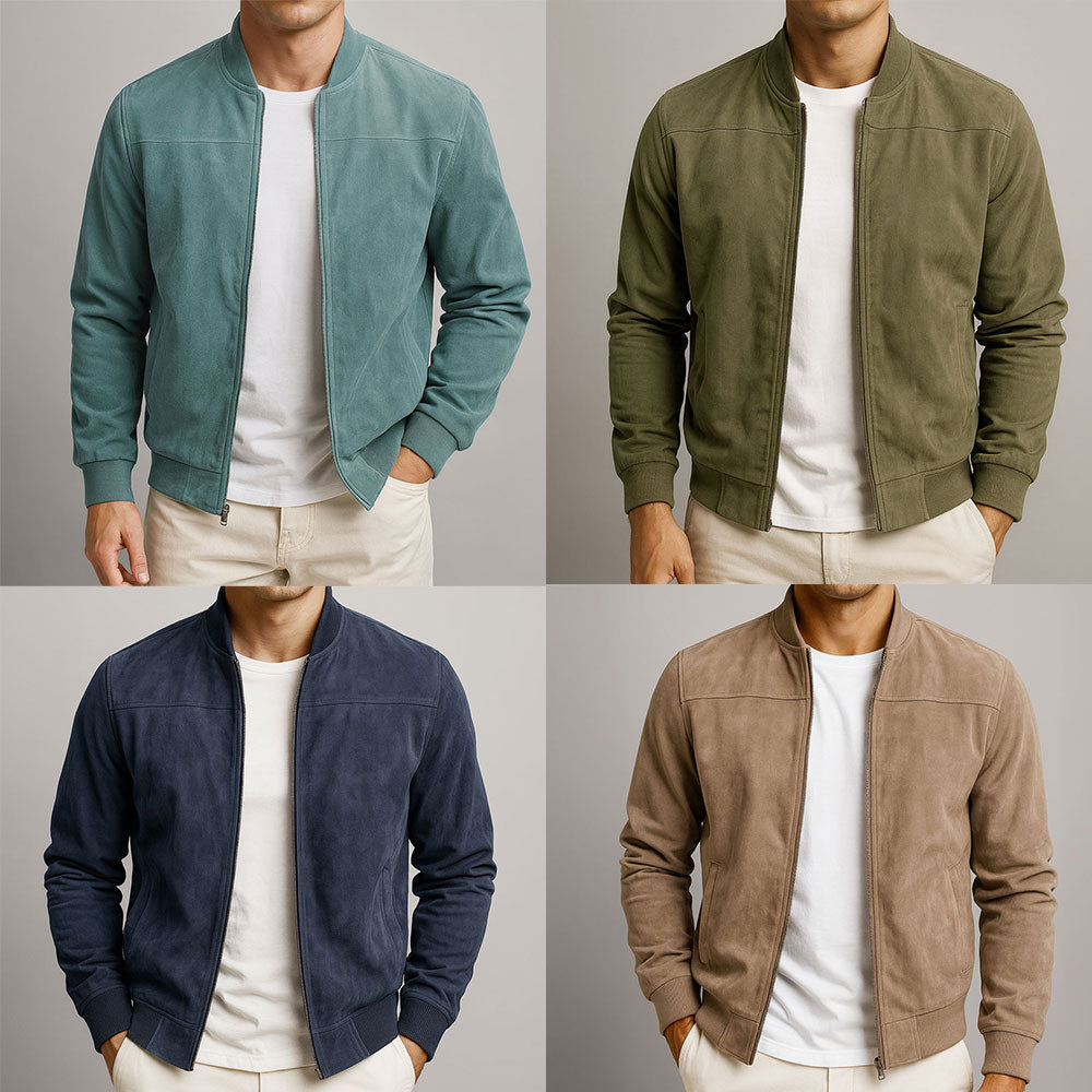 Chaqueta de ante para hombre con cremallera y manga larga – Chaqueta casual de corte ajustado