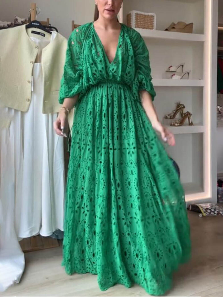 Vestido maxi de encaje oversize para mujer con escote en V y cintura fruncida – Vestido elegante y fluido