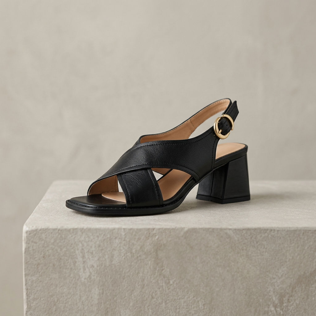 Women's Open Block Heel Leather Sandals