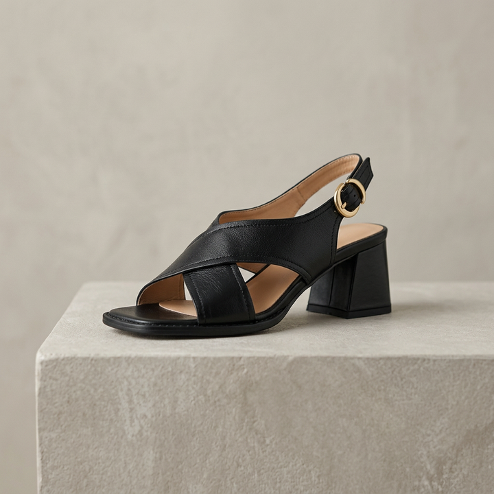 Women's Open Block Heel Leather Sandals