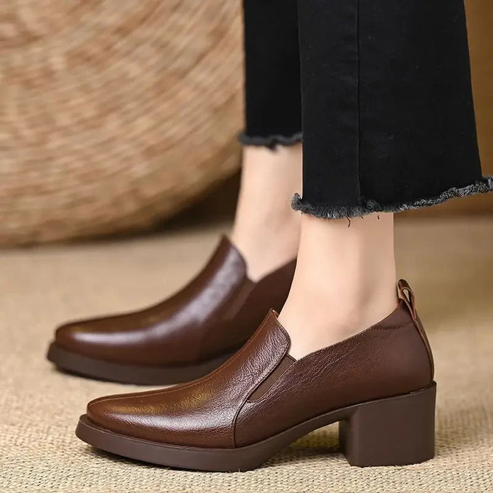 Women's Lace Leather Loafers with Block Heel – Casual Shoes