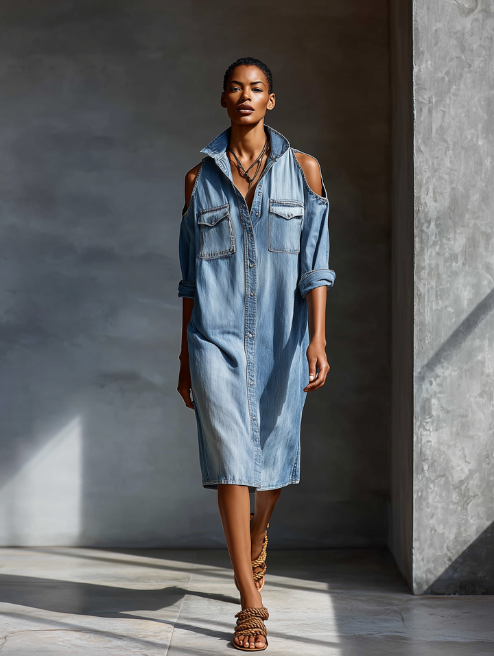 Jeans-Midikleid mit Cut-outs an den Schultern