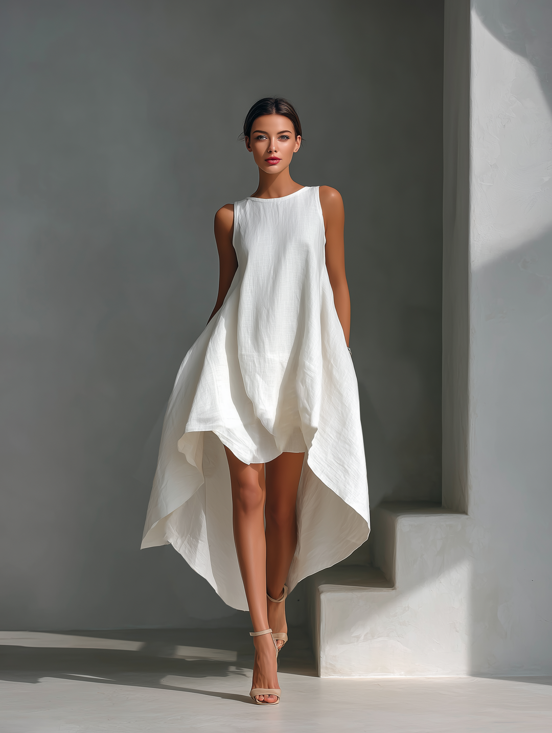 Ärmelloses Leinen-Midikleid mit asymmetrischem Saum