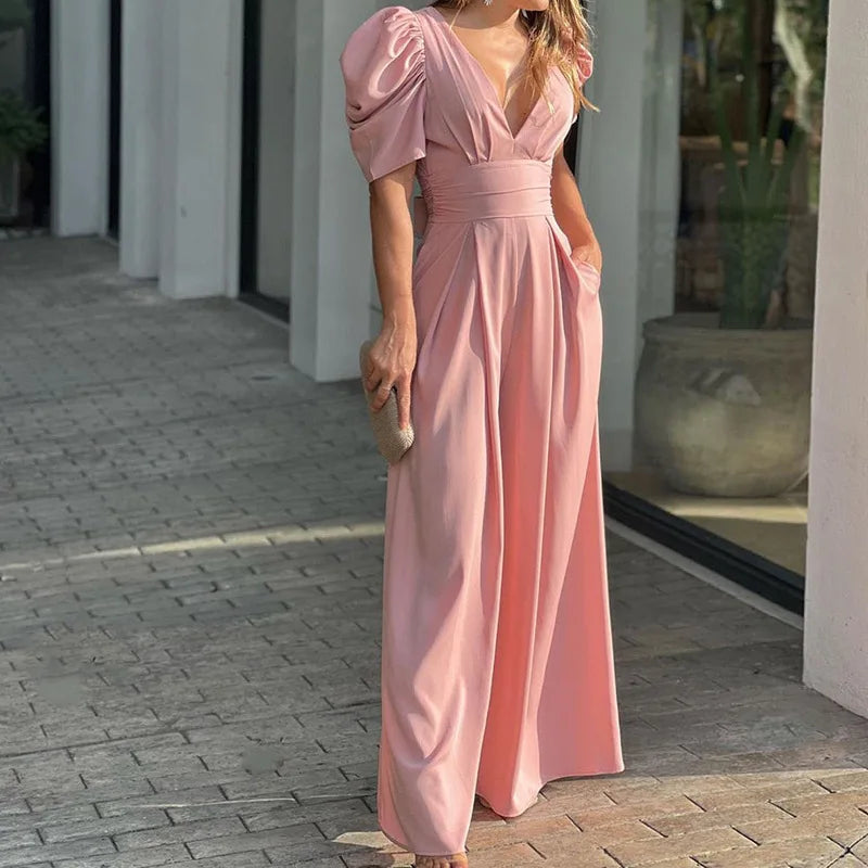 Damen Jumpsuit Polyester Elegant Puffärmel Taillengürtel Sommer Outfit