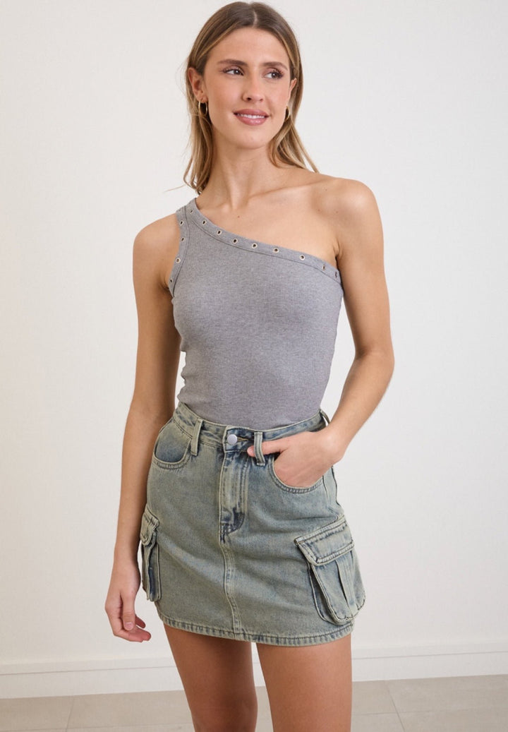 Trendy women's cargo denim skirt – midi length, washed denim