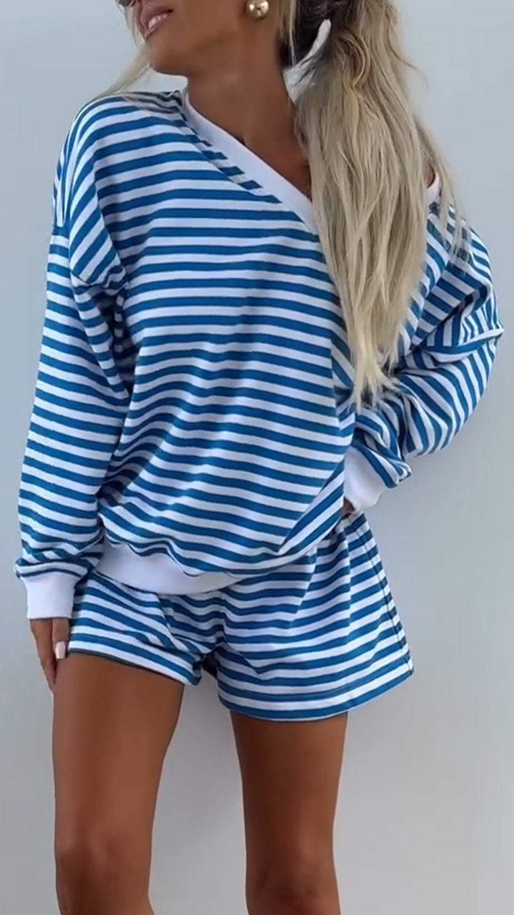 Ensemble deux pièces rayé à manches longues pour femme avec col en V – Tenue décontractée