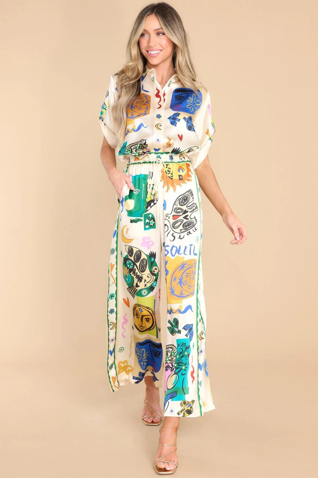 Women's Oversized Ivory Print Shirt and Pants Set – Casual Chic Outfit