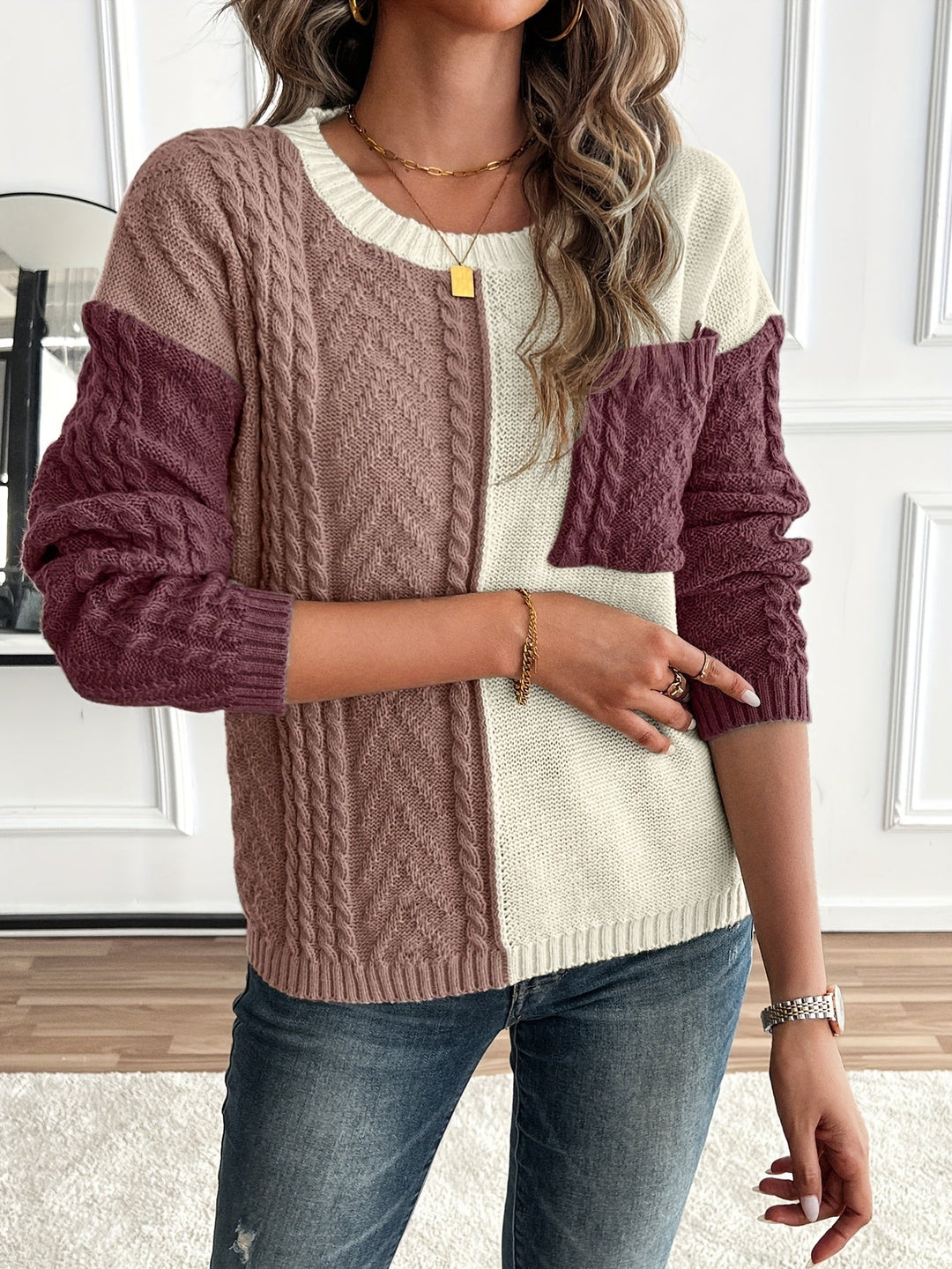 Esme | Damen Pullover Zopfstrick Color-Block