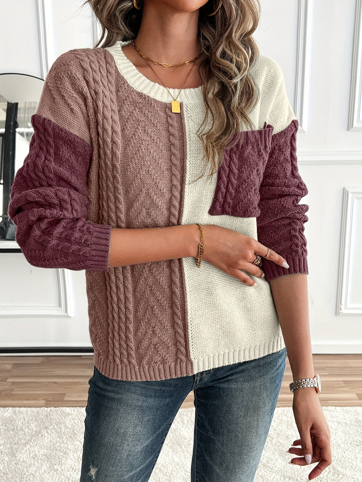Esme | Damen Pullover Zopfstrick Color-Block