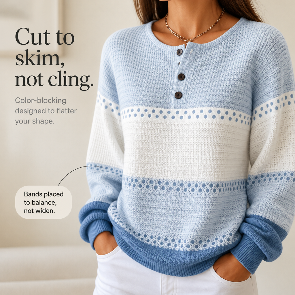 Damen Waffelstrick Henley Pullover Color Block
