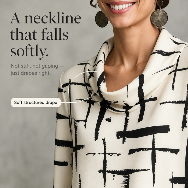 Cowlina | Damen 3/4-Arm Bluse mit Rollkragen und Kreuzmuster