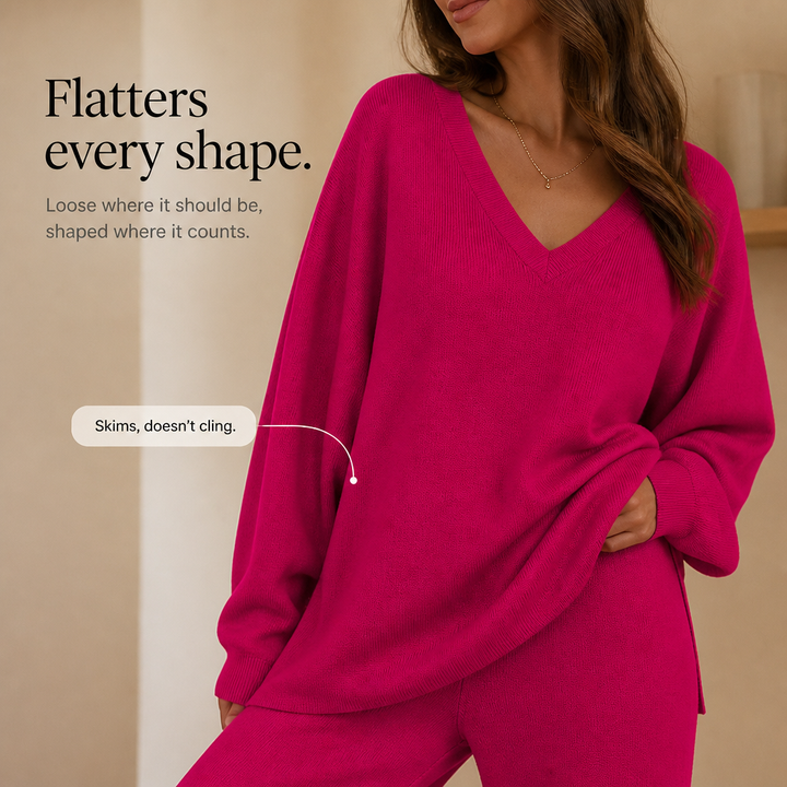 Damen Set V-Ausschnitt Pullover Und Weite Hose