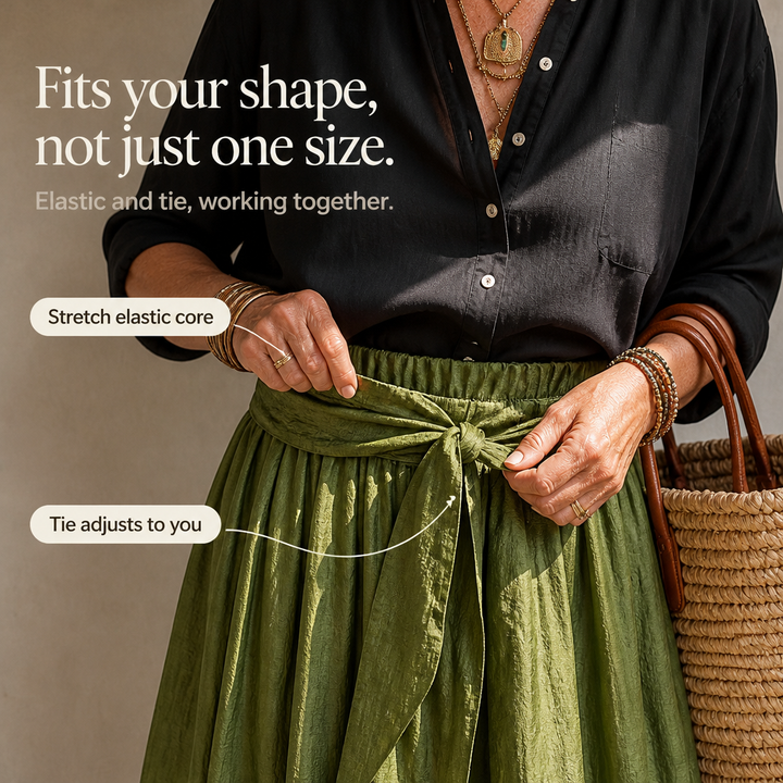 Olive Onyx | Damen Zweiteiler Knopfhemd und Midirock mit Bindegürtel