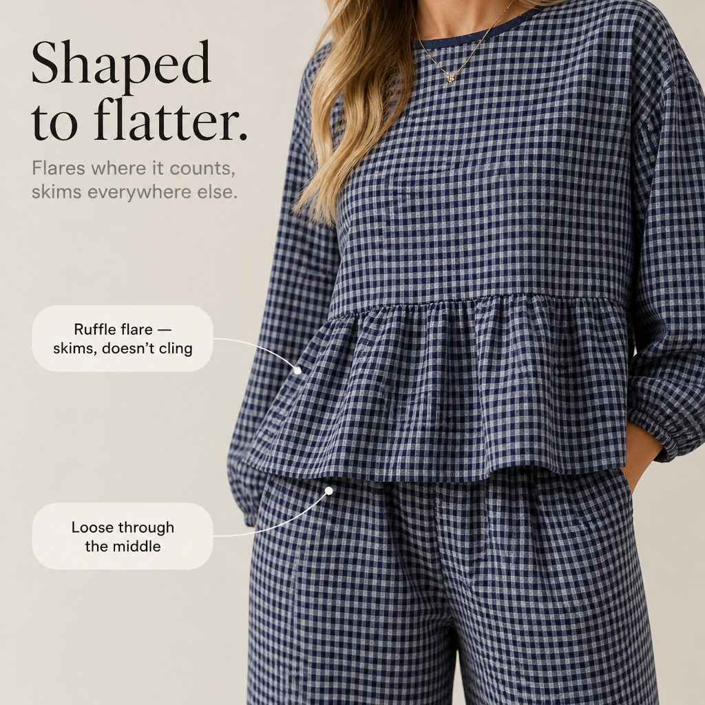 Elara | Gingham-Zweiteiler mit Peplum-Oberteil und weiter Hose