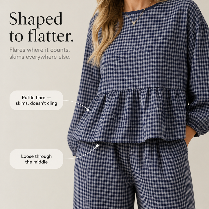 Elara | Gingham-Zweiteiler mit Peplum-Oberteil und weiter Hose