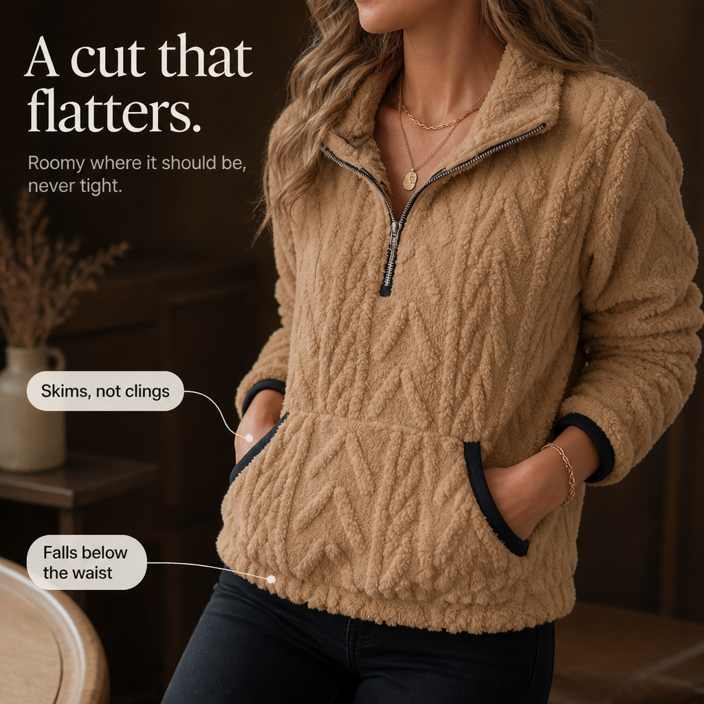 Plushly | Flauschiger Half-Zip Pullover mit Känguru-Tasche
