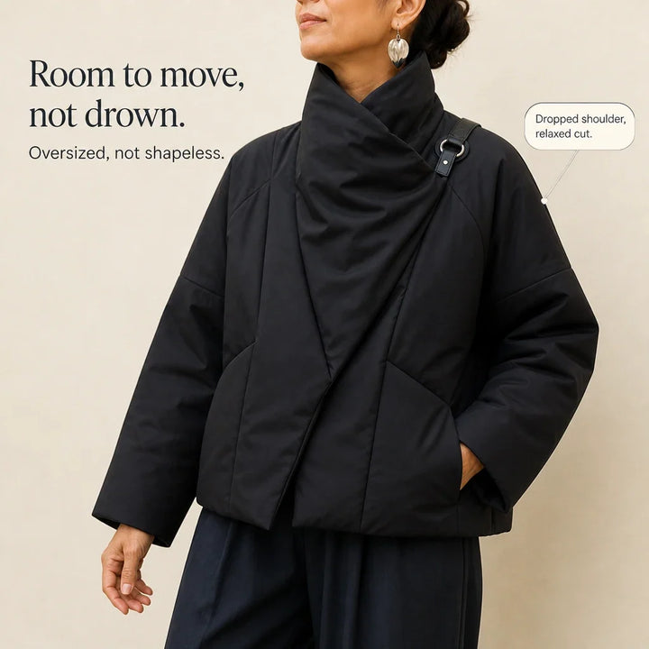 Steppjacke mit asymmetrischem Drapierungskragen