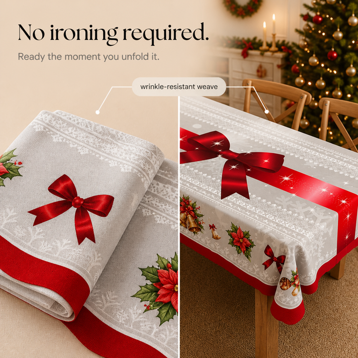Holly Hearth | Weihnachts-Tischdecke mit Rote-Schleifen-Druck